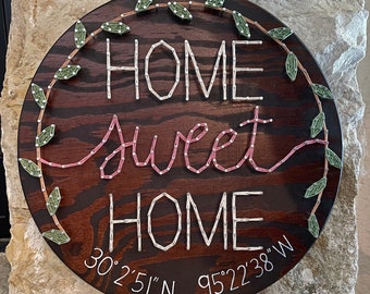 Home Sweet Home Sign, New Home String Art, Realtor Closing Gift, First Home Gift for Couple, Wooden Round Coordinates Sign, Custom Sign