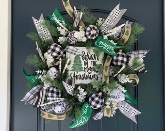 Corona de Navidad, Corona de Navidad a cuadros de Búfalo, Corona de Búfalo a cuadros, Corona de Navidad Verde, Corona de Árbol, Corona de Puerta de Navidad