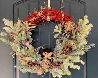 Corona de oso, corona de Navidad, corona de puerta de entrada de Navidad, corona de puerta de entrada, decoración navideña, corona de vacaciones, decoración de Navidad