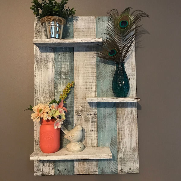 Pallet wall shelf, rustic decor, teal shelf, teal wood shelf, wall shelf, pallet wall shelves, home decor, bedroom decor, bathroom decor