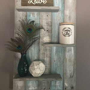 Teal and gray wall shelf, wall shelf, wall decor, pallet shelf, pallet wall shelf, bathroom decor, bathroom pallet decor, bedroom decor