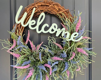 Welcome wreath, Spring wreath, Front door wreath, Spring door wreath. Welcome door wreath, Door wreath