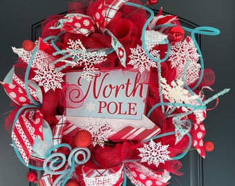 Corona de malla deco del polo norte, corona de Santa, corona de malla deco roja, corona de Navidad, corona de Navidad roja, corona de puerta principal, corona de Navidad