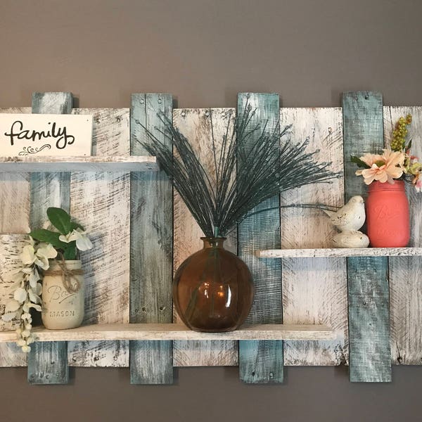 Extra wide pallet shelf, teal wood shelf, wall shelf, blue and white wood shelf, bathroom shelf, bedroom decor, bathroom decor, beach decor