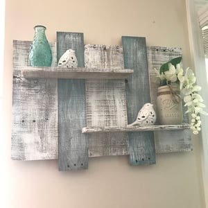 Wide Rustic pallet shelf, pallet shelf, bathroom shelf, white shelf, blue shelf, beach shelf, teal shelf, bathroom decor, wall decor