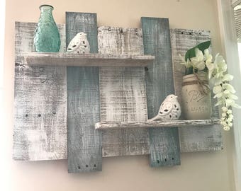 Wide Rustic pallet shelf, pallet shelf, bathroom shelf, white shelf, blue shelf, beach shelf, teal shelf, bathroom decor, wall decor