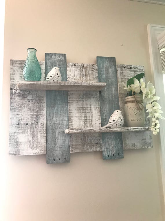 Wide Rustic Pallet Shelf Pallet Shelf Bathroom Shelf White Shelf Blue Shelf Beach Shelf Teal Shelf Bathroom Decor Wall Decor
