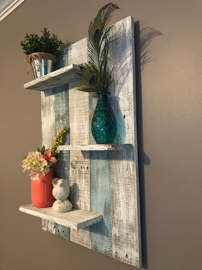 Pallet Wall Shelf Rustic Decor Teal Shelf Teal Wood Shelf Etsy