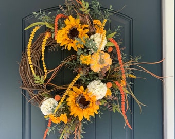 Corona de caída de girasol, corona de puerta de entrada amarilla, corona de caída, corona de puerta de entrada de caída, corona de girasol, decoración de otoño, corona de puerta de caída