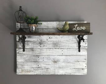 Estante blanco desgastado, estante de entrada, estante de vestíbulo, estante de baño, estante rústico, estante de granja, estante de pared, estante de pared de paletas