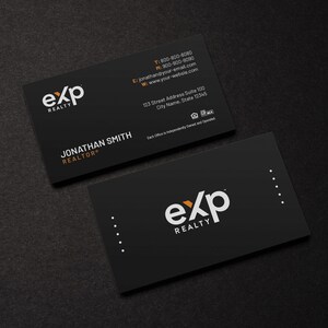 May include: Black and white business card with the text "exp REALTY" and the name "JONATHAN SMITH REALTOR*" in white text. The phone number, email address, and website are listed in orange text. The address is listed in white text.