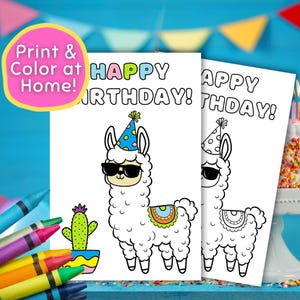 Cartão de aniversário de lhama, cartão de aniversário para impressão em PDF. Cartão de colorir de feliz aniversário de lhama, cartão de aniversário para crianças para impressão