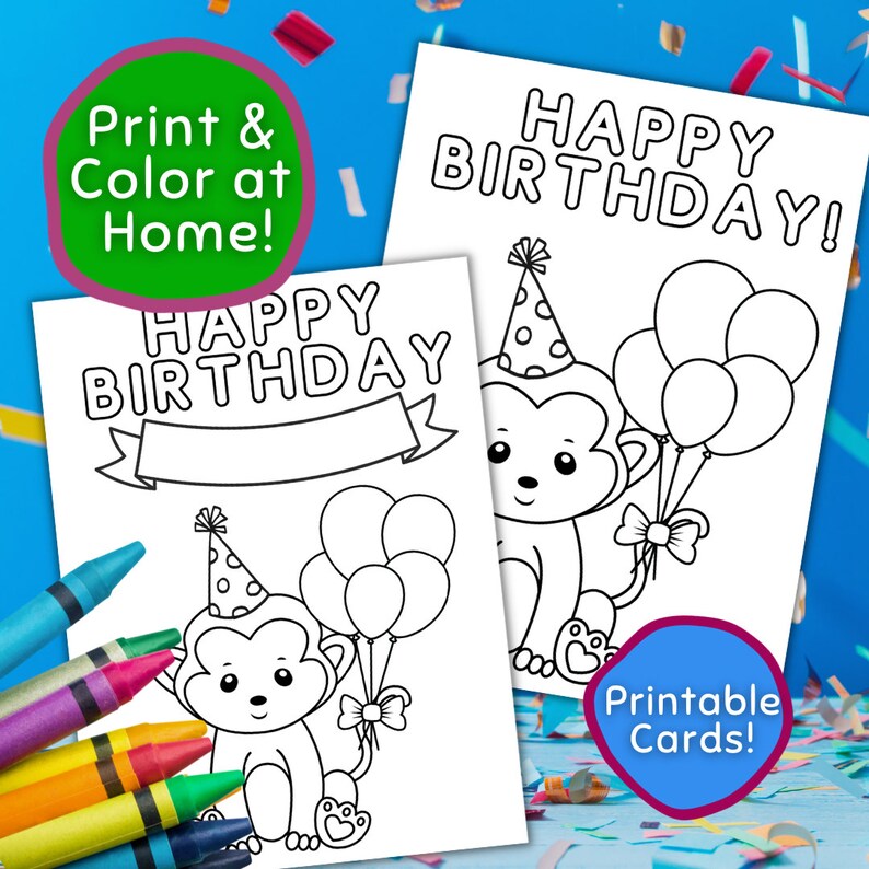Happy Birthday Coloring Card Monkey Design, Instant Download Birthday Coloring Card, Printable ...