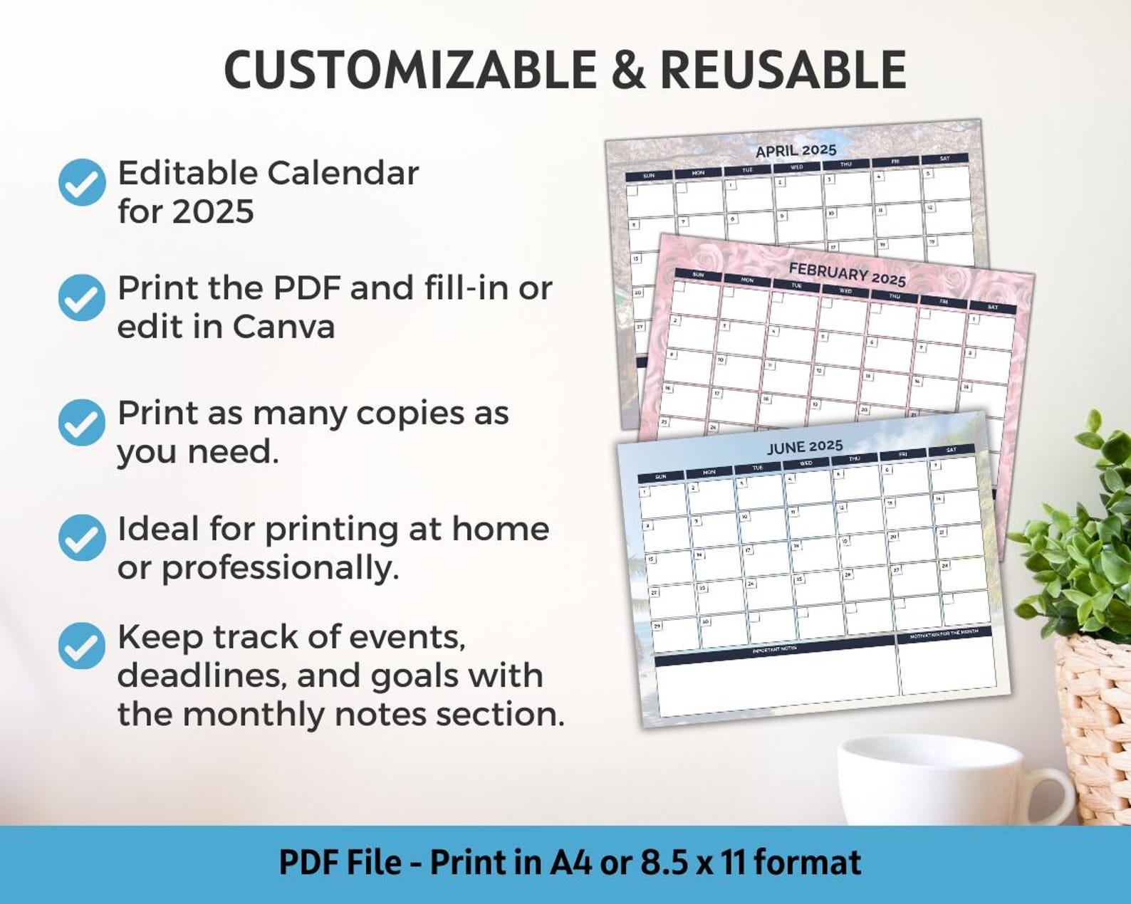 Editable Calendar Template, Calendar to Print or Edit - 2025 Calendar