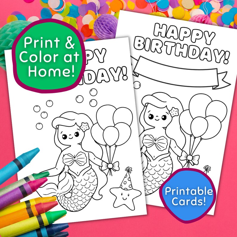 Mermaid Birthday Card, Happy Birthday Coloring Card Mermaid Design ...