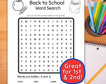 Back to School Word Search Black and White, Second Grade Back to School Word Search Printable