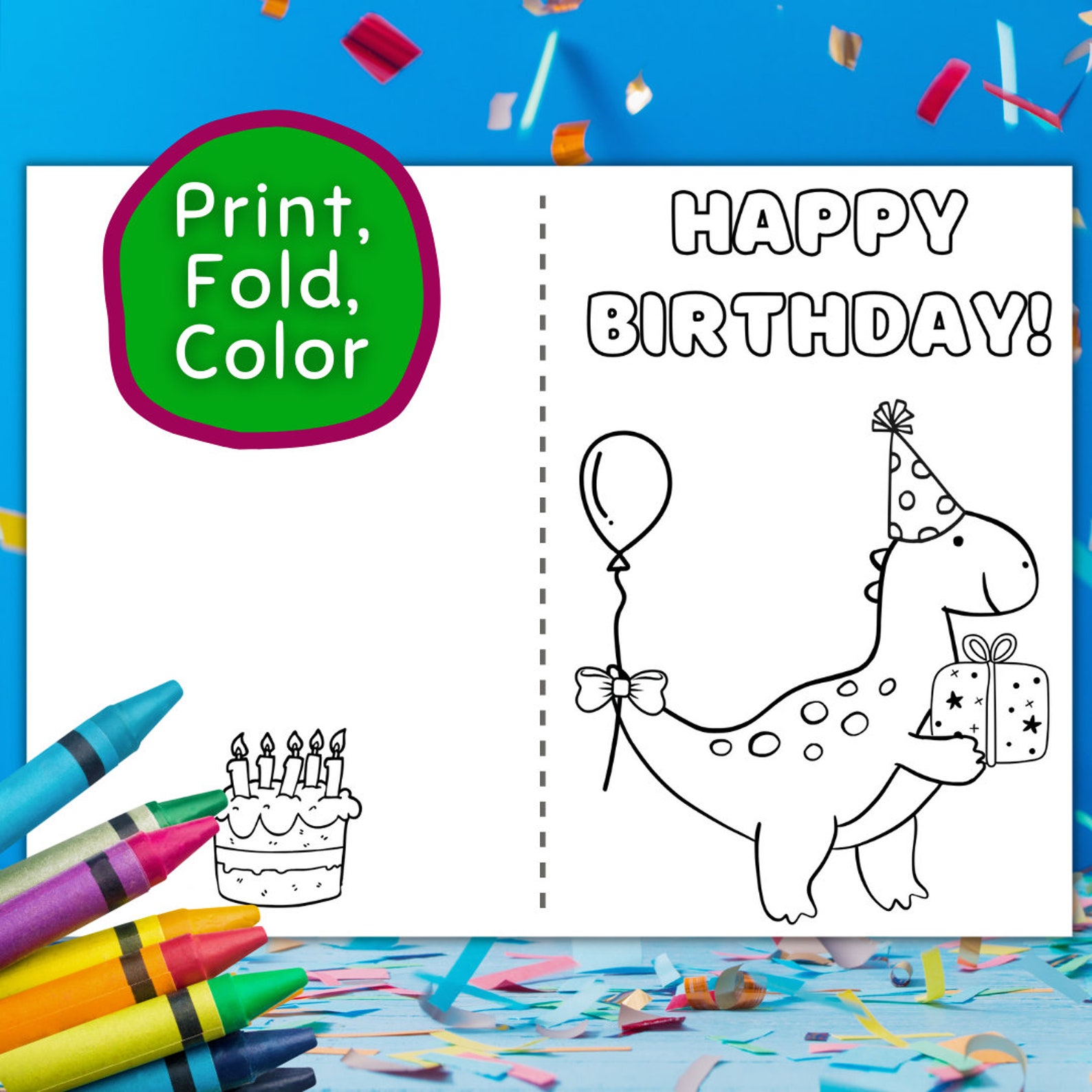Printable Dinosaur Birthday Card, Happy Birthday Coloring Card Dino ...