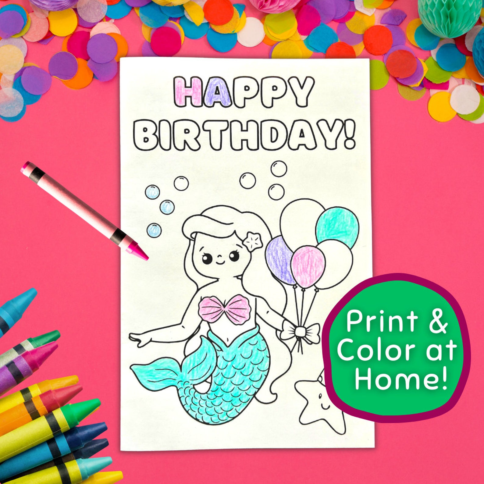 Printable Mermaid Birthday Card, Happy Birthday Coloring Card Mermaid ...