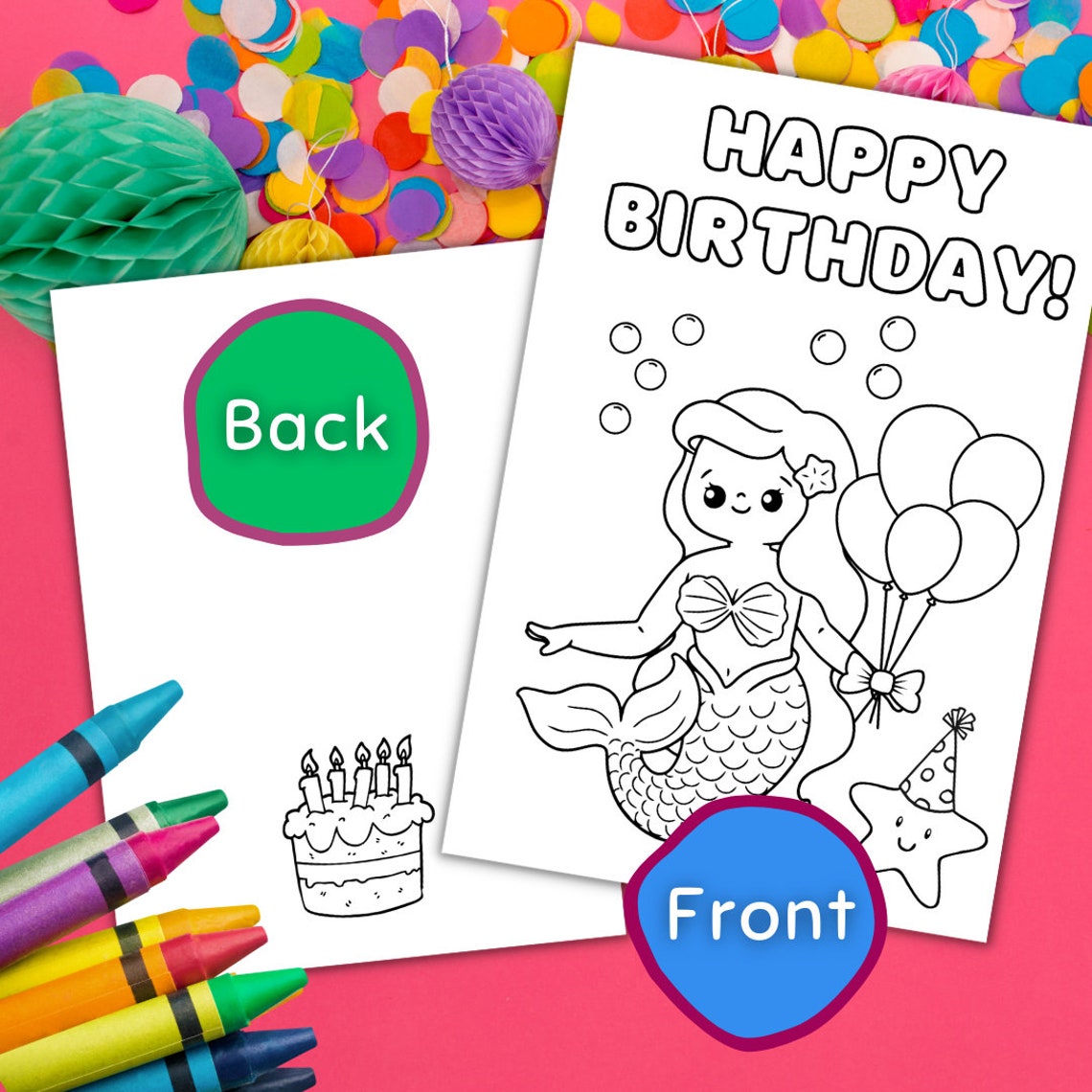 Printable Mermaid Birthday Card, Happy Birthday Coloring Card Mermaid ...