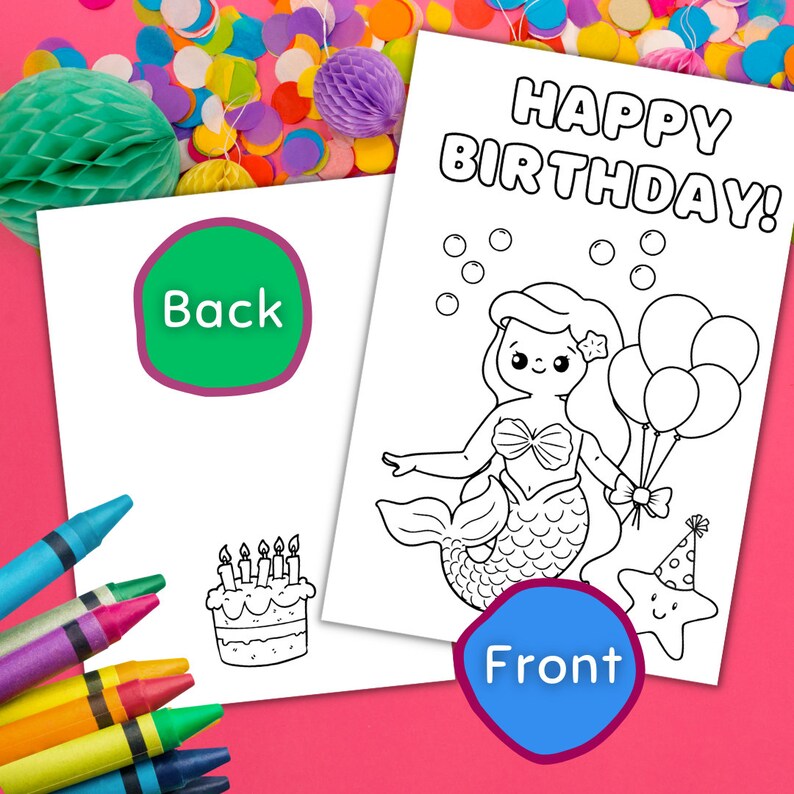 Printable Mermaid Birthday Card, Happy Birthday Coloring Card Mermaid ...