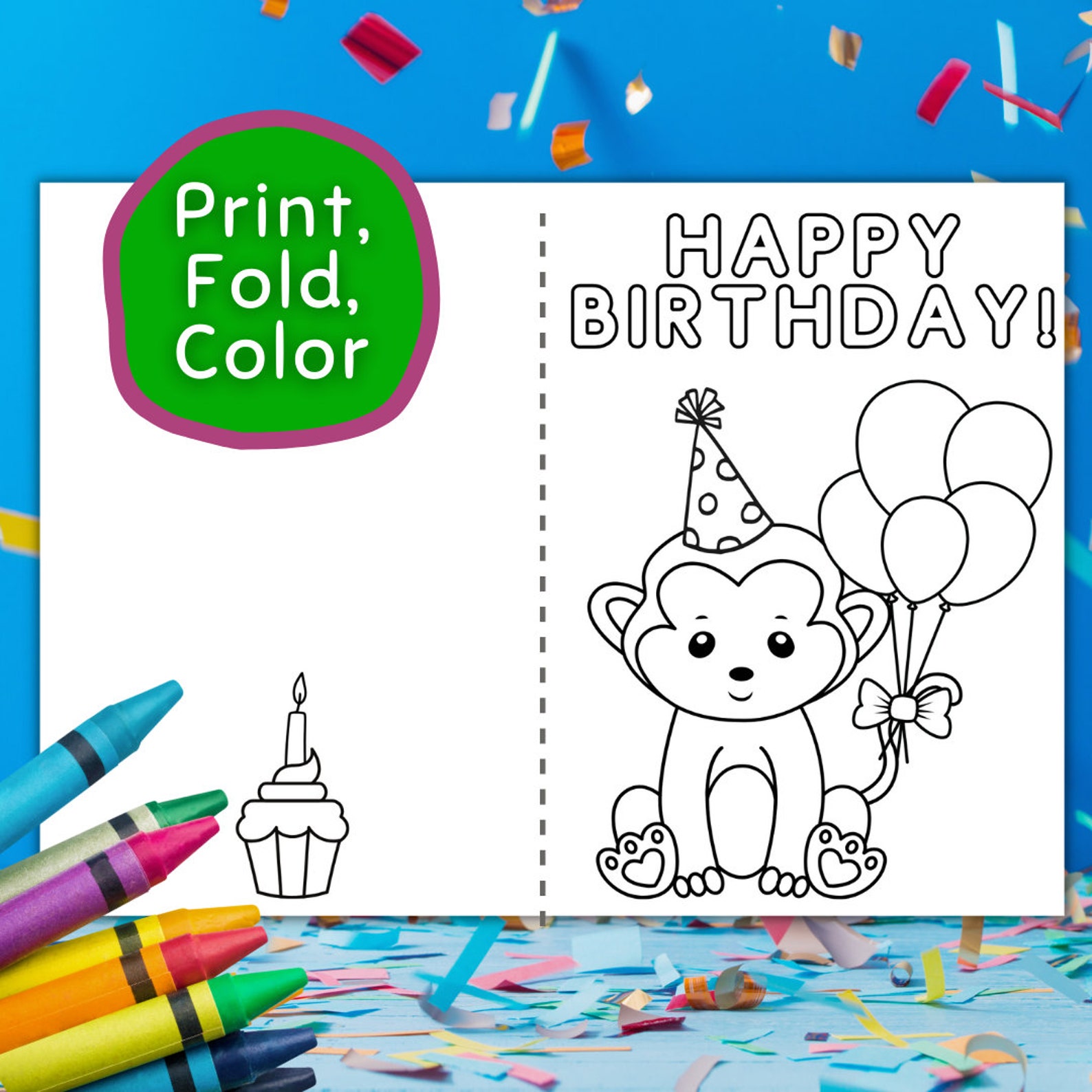 Happy Birthday Coloring Card Monkey Design, Instant Download Birthday Coloring Card, Printable ...