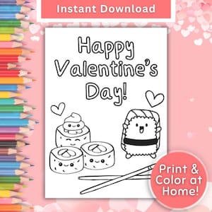 Printable Valentine&#39;s Card, Valentines Sushi Cards, Coloring Card for Kids