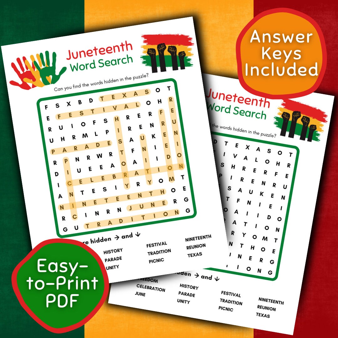 Juneteenth Word Search Black and White AND Color, Printable Juneteenth ...