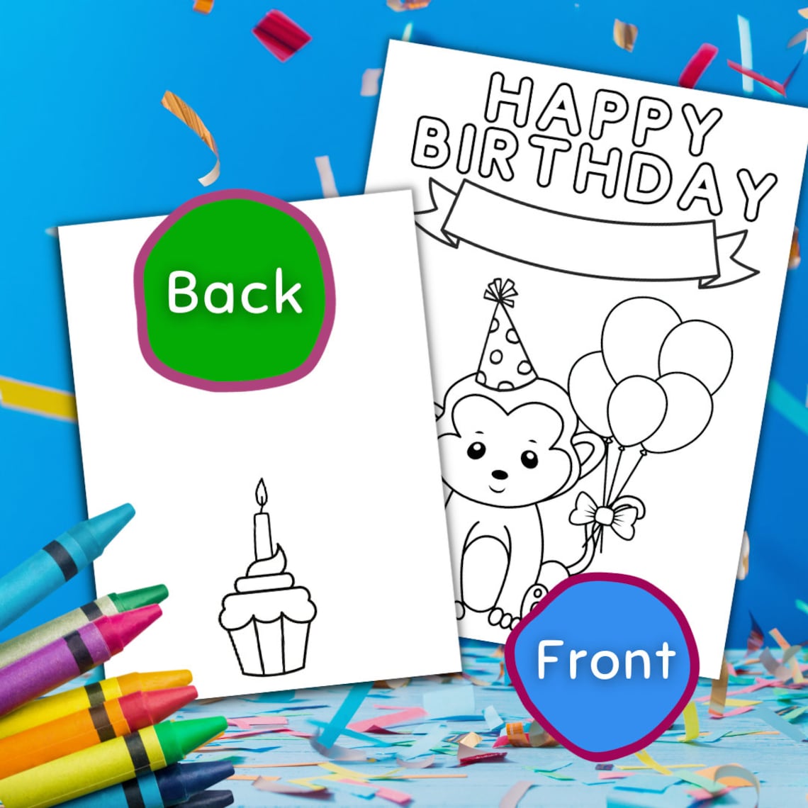 Happy Birthday Coloring Card Monkey Design, Instant Download Birthday Coloring Card, Printable ...