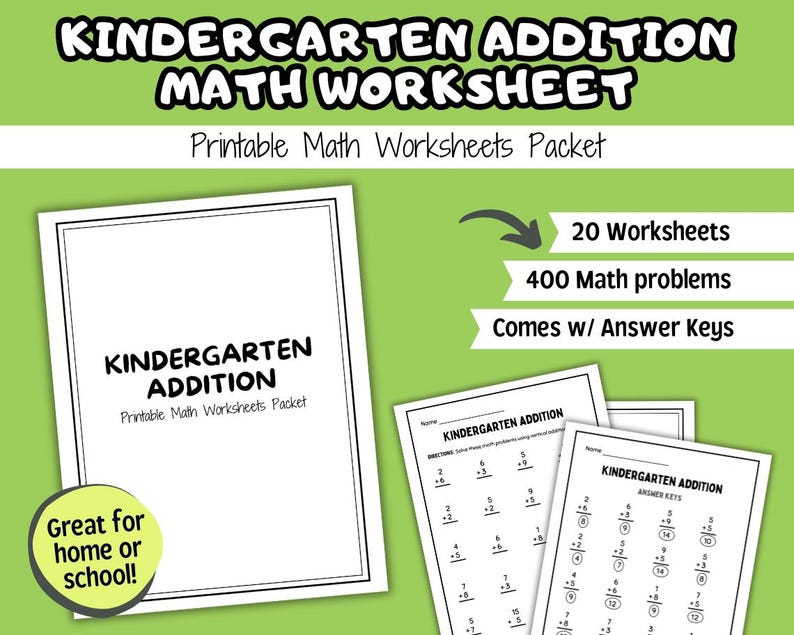 Kindergarten Addition Worksheets: Math Practice Packet (PDF) - Etsy