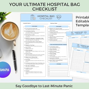 Hospital Bag Checklist Printable, Editable Hospital Bag Template, Labor & Delivery Checklist PDF, Hospital Packing List for Mom Baby