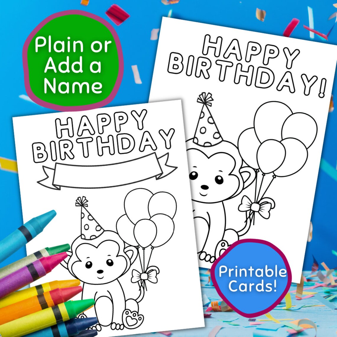 Happy Birthday Coloring Card Monkey Design, Instant Download Birthday Coloring Card, Printable ...