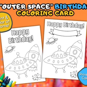 Happy Birthday Coloring Card Outer Space Design, Instant Download Birthday Coloring Card, Printable Outer Space Card, Kids Coloring Card