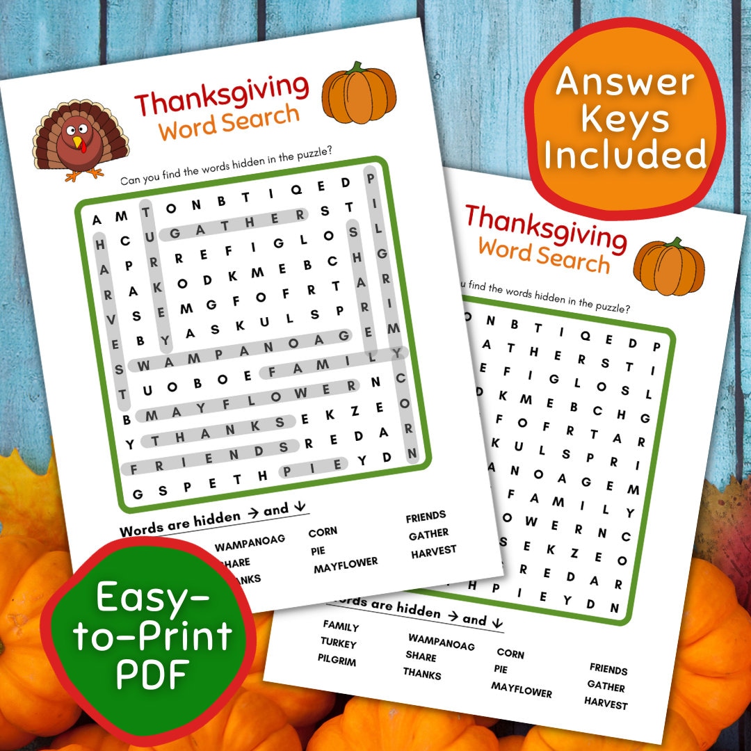 Thanksgiving Word Search, Printable Thanksgiving Word Search, Black and