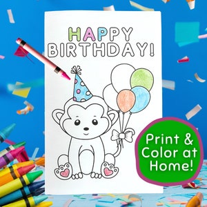 Happy Birthday Coloring Card Monkey Design, Instant Download Birthday Coloring Card, Printable Monkey Birthday Card, Kids Coloring Card