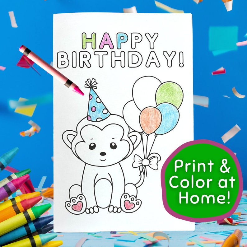 Happy Birthday Coloring Card Monkey Design, Instant Download Birthday Coloring Card, Printable ...