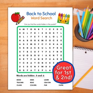 Búsqueda de palabras para el regreso a clases, segundo grado, búsqueda de palabras imprimible para estudiantes de primer y segundo grado / Actividades para el regreso a clases