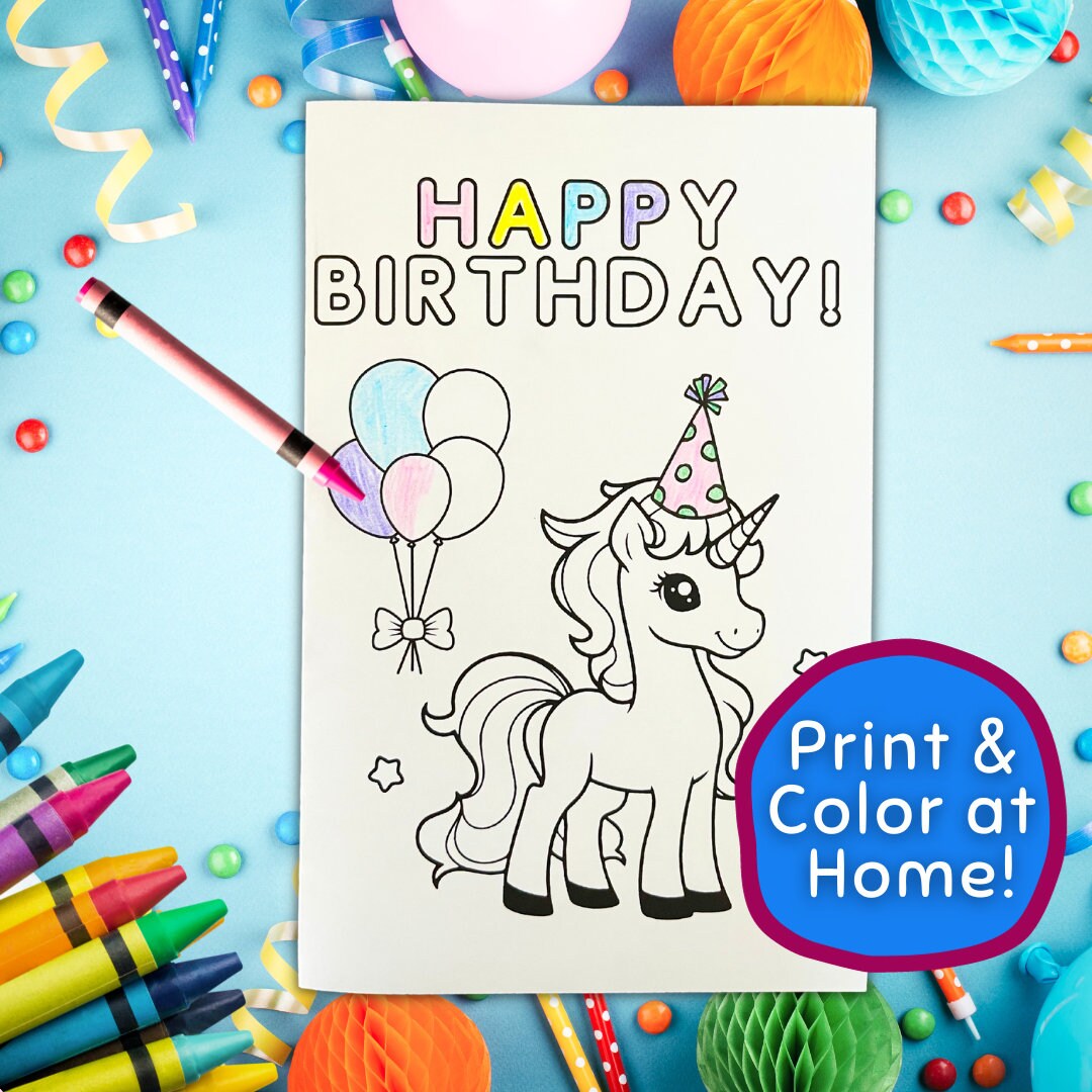Happy Birthday Coloring Card Unicorn Design Instant Download Etsy