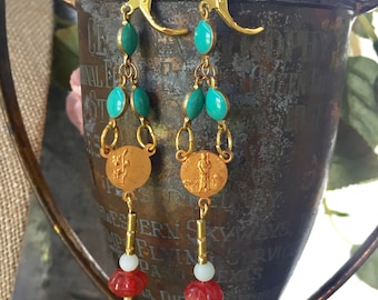 Turquoise and Red Religious Charm Earrings