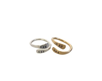 Badass/ edgy jewelry/ adjustable ring/ feminist jewelry/ snarky jewelry/ wrap ring/ gold fill ring/ sterling ring/ stamped jewelry/ girl