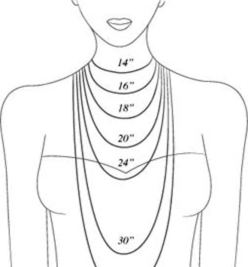 May include: Illustration of a woman's upper body with several necklaces of varying lengths. The necklaces are labeled with lengths from 14 inches to 30 inches, demonstrating different necklace lengths and how they would hang.