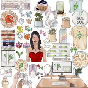 以下が含まれることがあります： 赤いストラップレスドレスとネックレスをつけた女性のデジタルイラスト。彼女は、コンピューター、植物、ゲームコントローラー、コーヒーカップ、ソーダ缶、カップケーキ、ゴースト、ダイヤモンド、ハート、ボトル、ゲームカートリッジ、誕生日ケーキ、植物、コンピューターモニター、キーボード、マウス、枕、Tシャツ、イヤリング、フルーツボウル、マグカップなど、さまざまなデジタルイラストのオブジェクトに囲まれています。画像には「Milk and Berries Graphics」というテキストも含まれています。