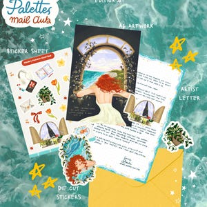 May include: Dinda's Palettes Mail Club Edition 01 includes an A6 artwork print, a sticker sheet, die-cut stickers, and an artist letter. The collection features illustrations of a person looking out a window at the sea, potted plants, and yellow stars.