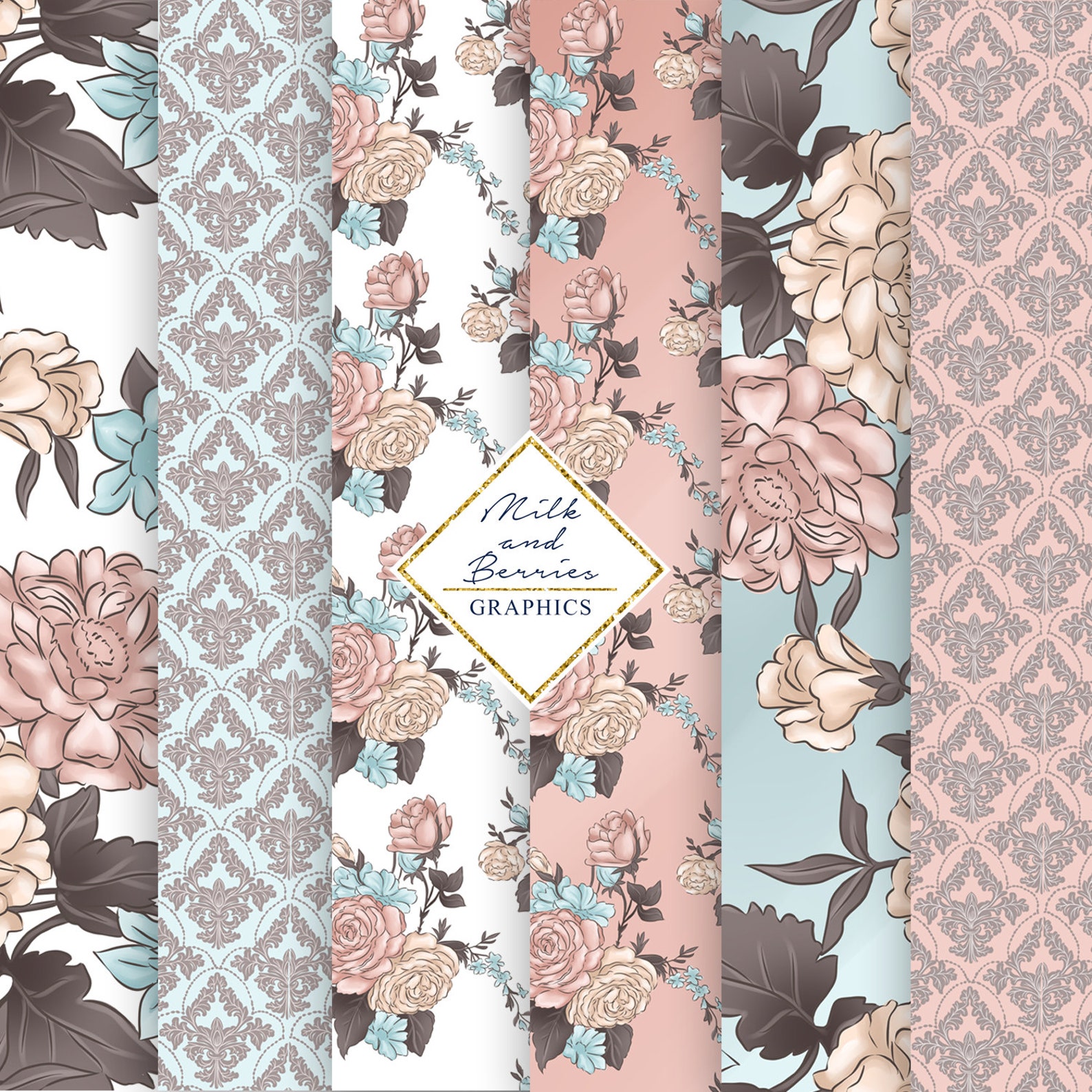 Vintage Delight: Blue Pink Digital Paper Background Pattern - Etsy
