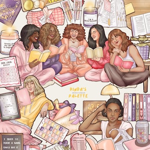 Puede incluir: Ilustración de un club de lectura con seis mujeres leyendo libros, rodeadas de libros, aperitivos y objetos temáticos de libros. El texto "I tried to form a gang once but it turned into a book club!" es visible. La imagen está en colores pastel suaves.