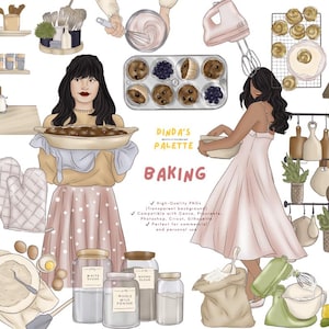 Clipartset bakken | Schattige keukenillustraties | Gebak, gebak, brood, ovenwanten | Bakstickers | Digitale png-illustraties