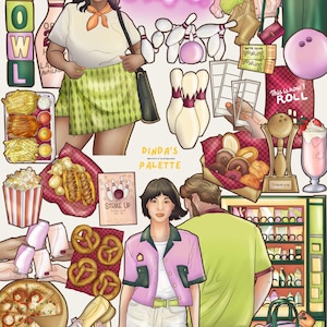 Puede incluir: Ilustración de una escena de bolera con gente, comida y equipo de bolos. Incluye una mujer con falda verde y un hombre con camisa verde. Hay una bola de bolos rosa, bolos y un letrero de neón que dice "Strike!"