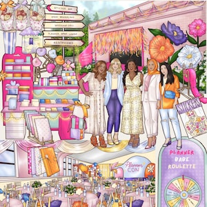 May include: An illustration of a planner convention with a pink and white color scheme. The image features a sign that says "Planner Con" and "Sticker Bar". There are several women standing in front of a building with flowers and a roulette wheel that says "Planner Babe Roulette".