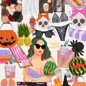 May include: An illustration featuring a woman in sunglasses surrounded by Halloween and summer-themed items. Includes a pumpkin, watermelon, popcorn, ice cream, and a bikini. The text "SCARY MOVIE" is visible.