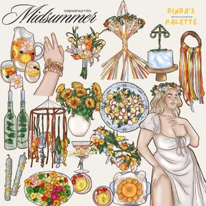 真夏のプランナークリップアート – スカンジナビアの夏のPNG、花祭りアート、メイポール、ボヘミアン女性、ひまわり、北欧風ステッカー