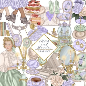 Delícia vintage: clipart pastel verde violeta, estoque gráfico, material de planejador, material de álbum de recortes